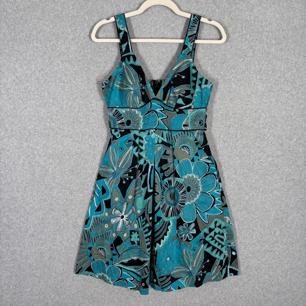 Corey P Dress 6 Turquoise Mod Artsy Abstract Cruise Resort Pockets Bra Cotton